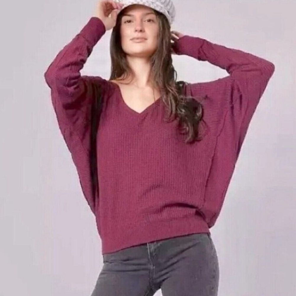 Free People Santa Clara Thermal Long Sleeve V Neck Top Mulberry Size Large NWT
